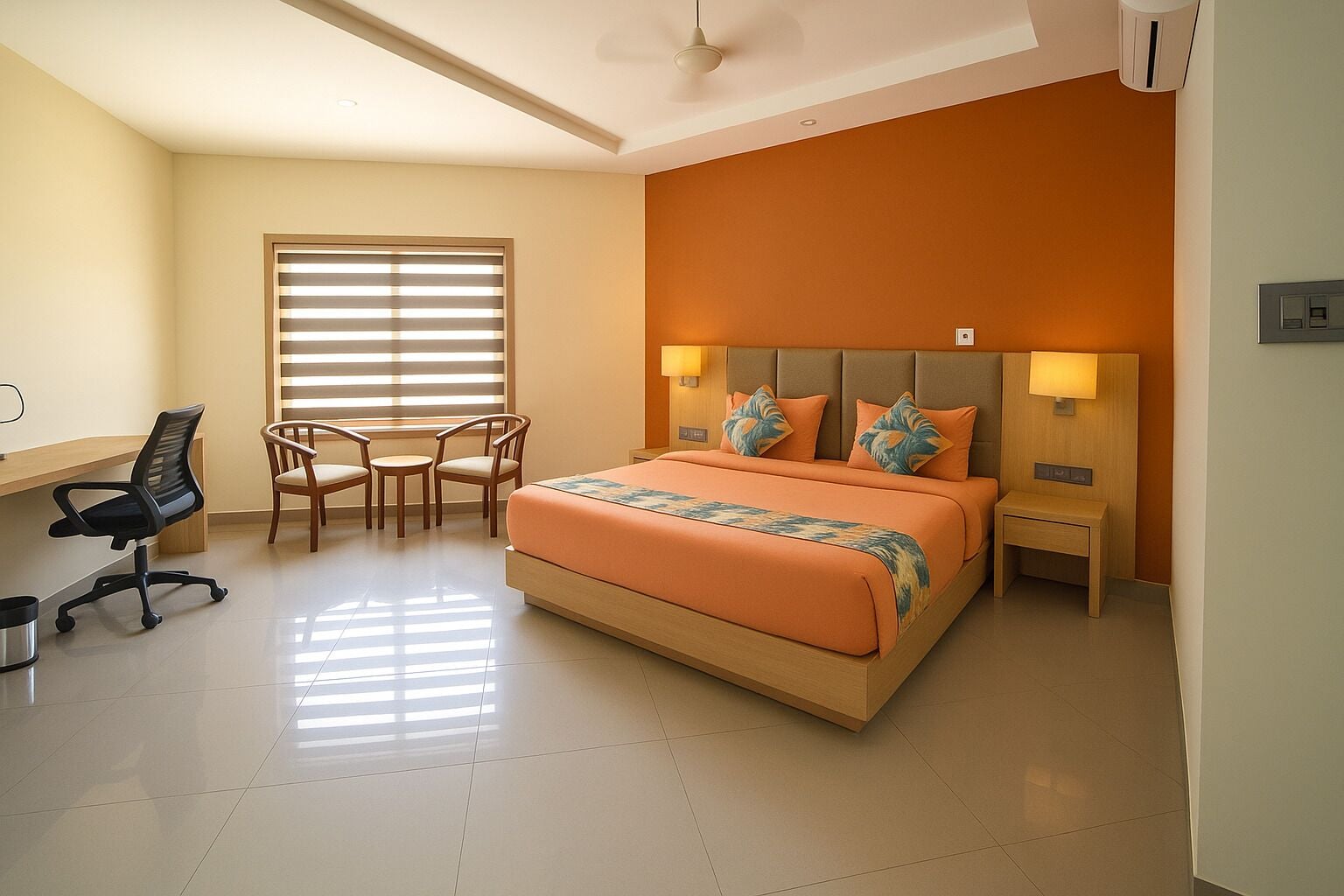 A bedroom with a bed, two bedside tables, a desk with a chair, and a window with blinds.