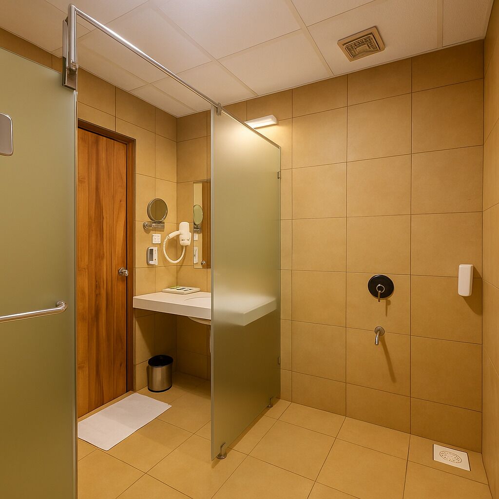 A small, modern bathroom with a wooden door, a sink, a mirror, and a shower.
