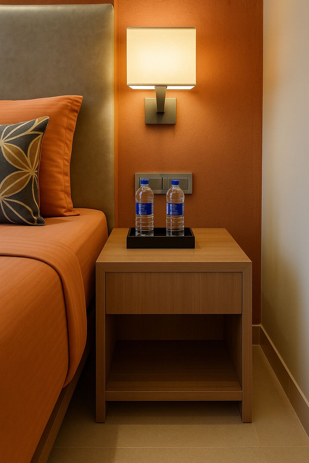 A hotel room with a bed, a nightstand with a lamp, and two water bottles.