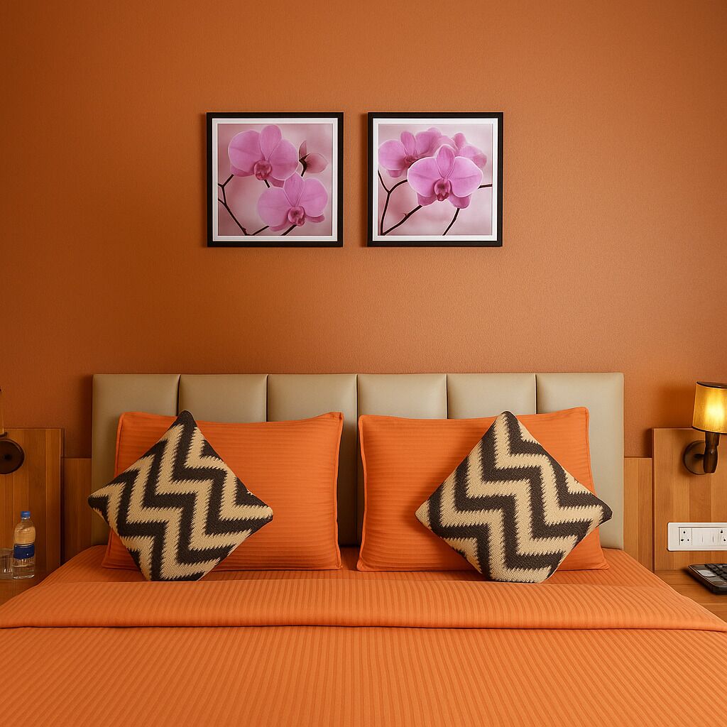 A hotel room with a bed, two pillows with a chevron pattern, a nightstand with a lamp, and two framed pictures of pink orchids on the wall.