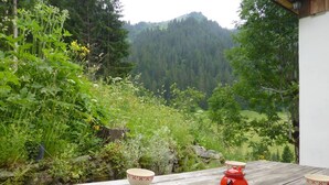 Una mesa de madera con cuatro cuencos y una tetera roja, sobre un fondo de una ladera boscosa.