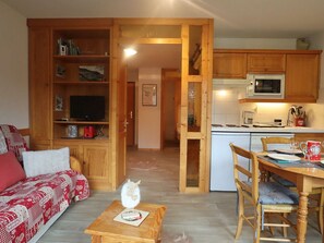 A cozy living room with a sofa, a coffee table with a decorative item, a television, and a bookshelf.
