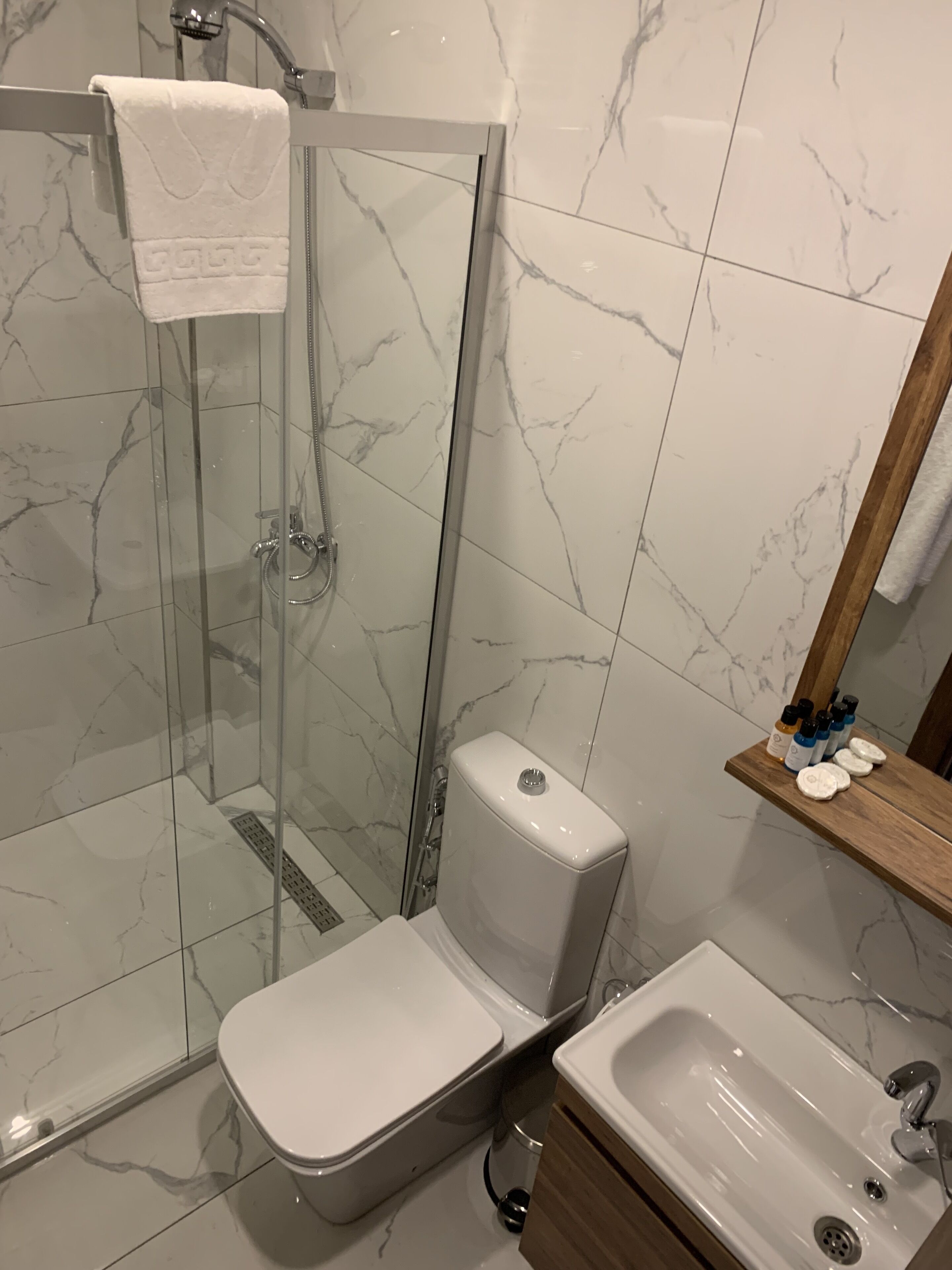 Een badkamer met een douchecabine van glas, toilet en wastafel.