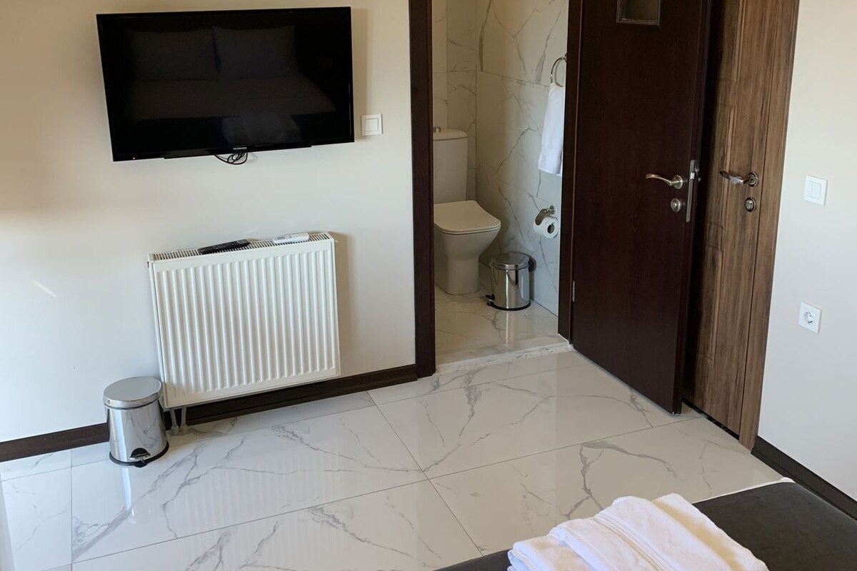 Un dormitorio con cama, televisión, radiador, inodoro y ducha.