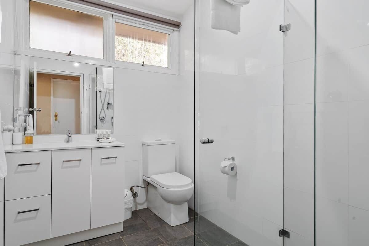 Shower, hair dryer, soap, shampoo