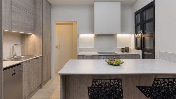 A modern kitchen with a central island, built-in appliances, and a minimalist design. - THIRAMENOUS RESIDENCE - FIVOS SUITE (Athina)
