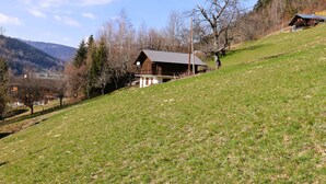 A rustic cabin on a hillside with a clear sky and mountains in the background. - Chalet for 6-8 people with fireplace, south-facing and garage, 5 min from center (Arêches-Beaufort)