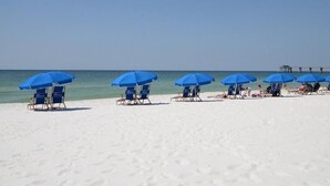 Una playa con hileras de sillas azules y sombrillas.