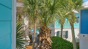A residential area with a blue house, a palm tree, and a small bush. - BUNGALOWS @ SEAGROVE! Near the Beach!!  Community Pool!! (Santa Rosa Beach)