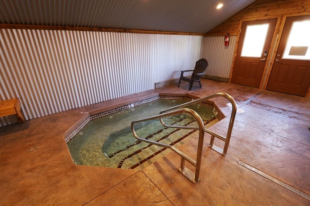 A small indoor pool with a metal ladder, wooden walls, and a door with windows.