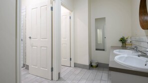 Shower, hair dryer, towels, shampoo