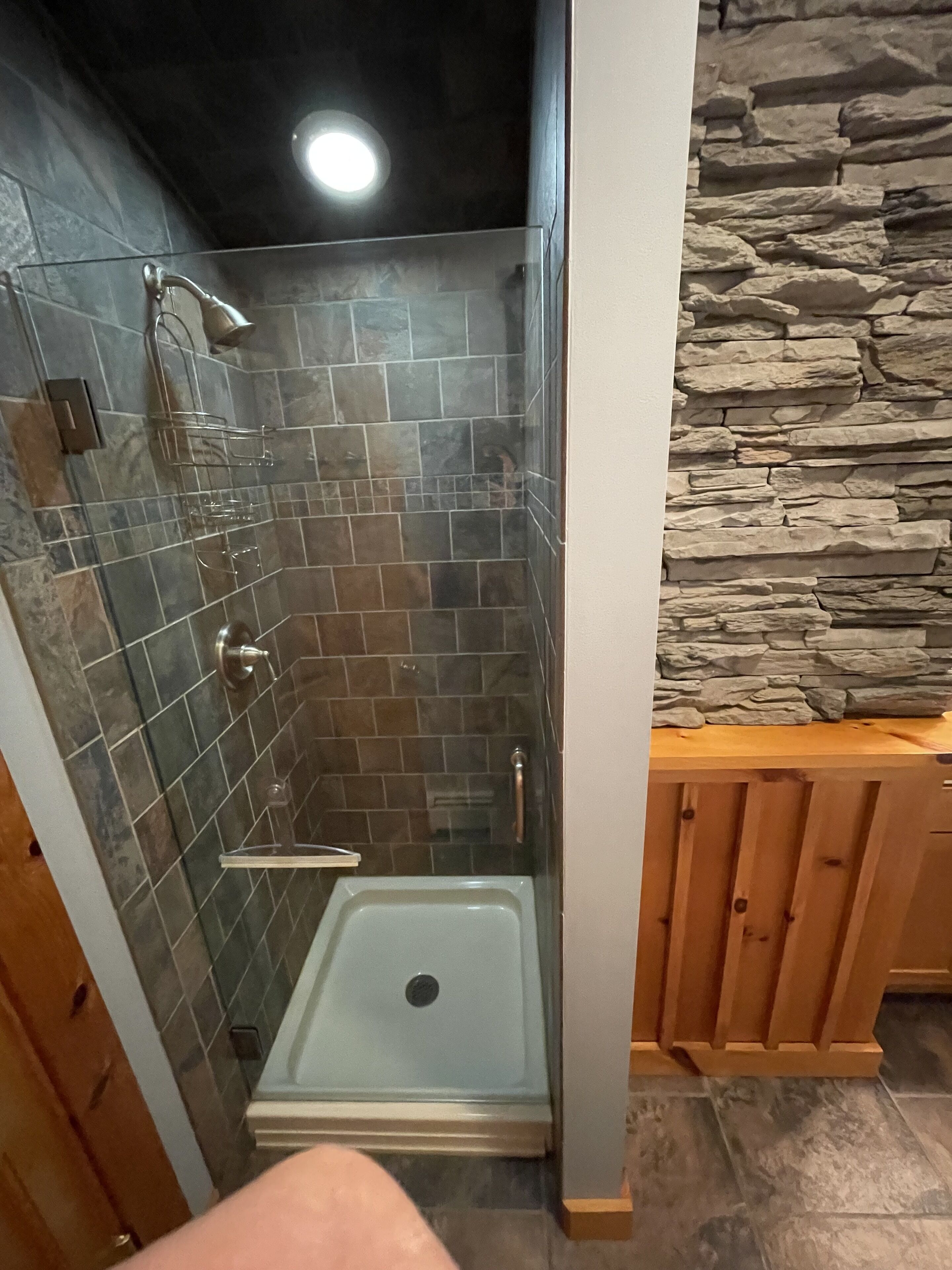 Shower, towels, soap, toilet paper