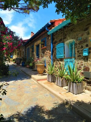 A narrow stone pathway flanked by traditional stone buildings with blue shutters and potted plants.
