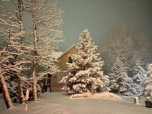 A snow-covered landscape with a house, trees, and a snow-covered lawn. - Spacious house at Camelback near water parks and ski lifts! (Tannersville)