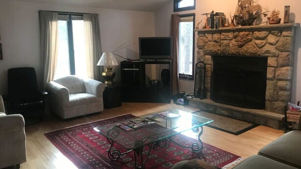 Una sala de estar con chimenea, televisión, sofá, mesa de centro y una alfombra estampada.