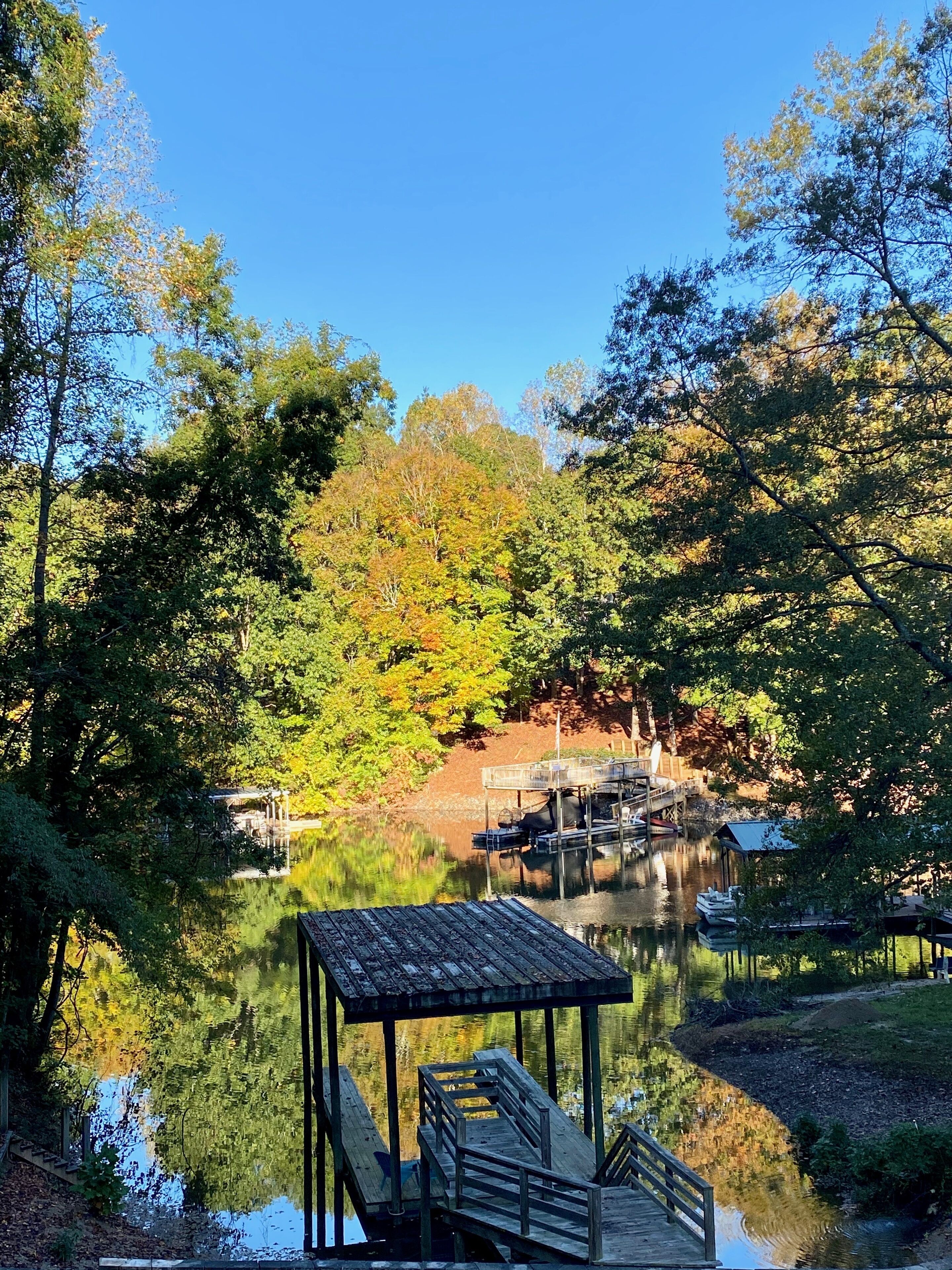 A wooden dock extending into a calm lake surrounded by dense trees with autumn foliage.