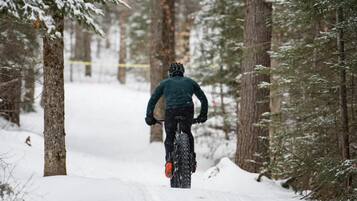 Una persona pedaleando en bicicleta de montaña por un sendero nevado en el bosque.