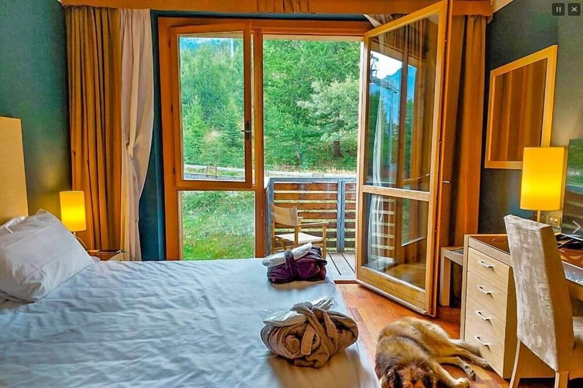Une chambre à coucher avec un lit, un bureau, une chaise et une vue sur l’extérieur.