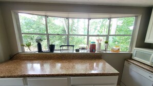 A kitchen with white cabinets, a granite countertop, a window with a view of greenery, and a microwave on the countertop.