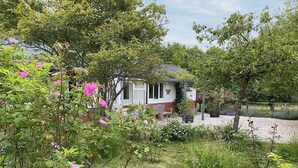 Ein Haus mit Garten, einer Bank und einer Pergola.