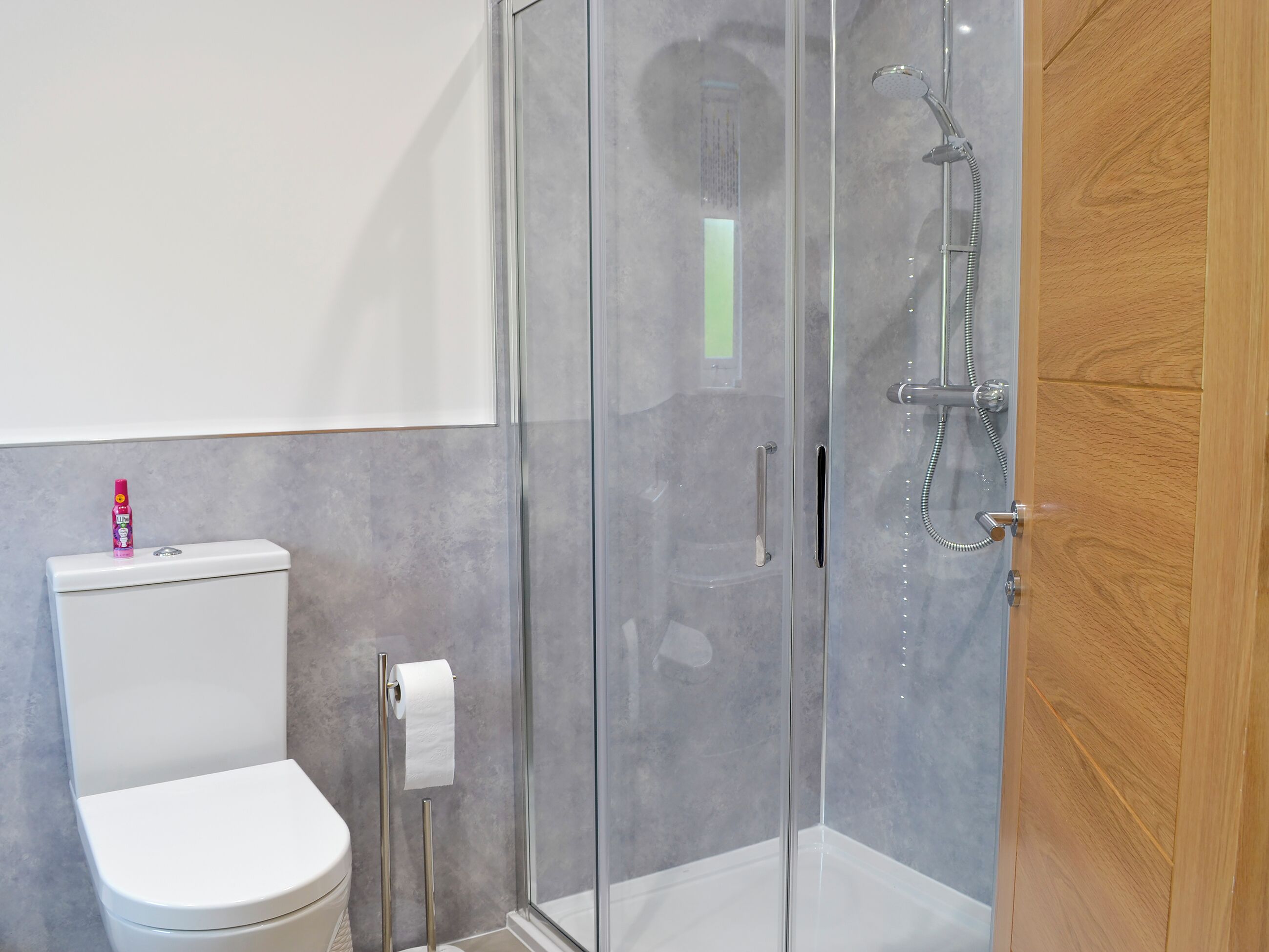 Une salle de bain moderne avec une douche à parois de verre, des toilettes et une porte en bois.