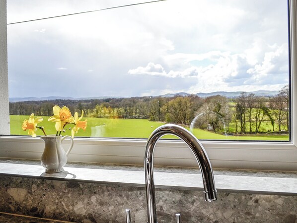 A bathroom with a window, a sink, and a vase with flowers. - 3 bedroom accommodation in Amisfield (Amisfield)