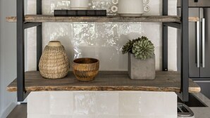 A kitchen with a wooden shelf unit, white tiles, and various kitchen items. - Ultra-Clean, Designer Condo in Downtown Scottsdale (Scottsdale)