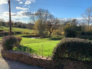 A rural landscape with a stone wall, a grassy field, and trees.
