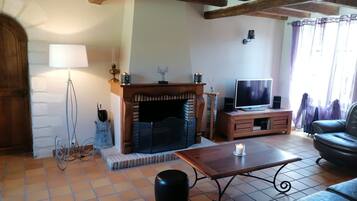 A living room with a fireplace, a television, a sofa, and a coffee table.