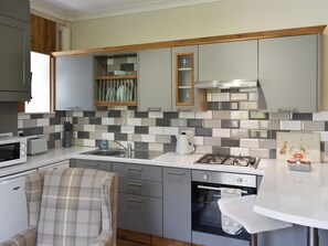 Oven, dishwasher, high chair, cookware/dishes/utensils