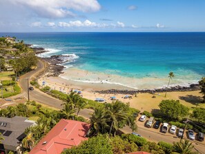 On the beach, sun-loungers, beach towels
