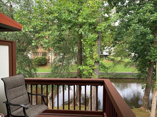 A balcony with a chair overlooking a pond and trees.