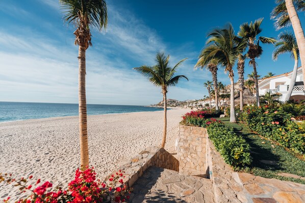 On the beach, sun loungers, beach towels