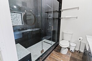 Combined shower/tub, hair dryer, towels, soap