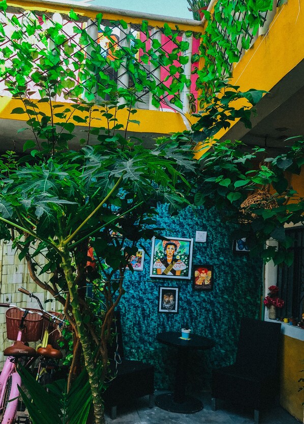 Un patio con un muro amarillo y rosa, una planta verde y una mesa con sillas.