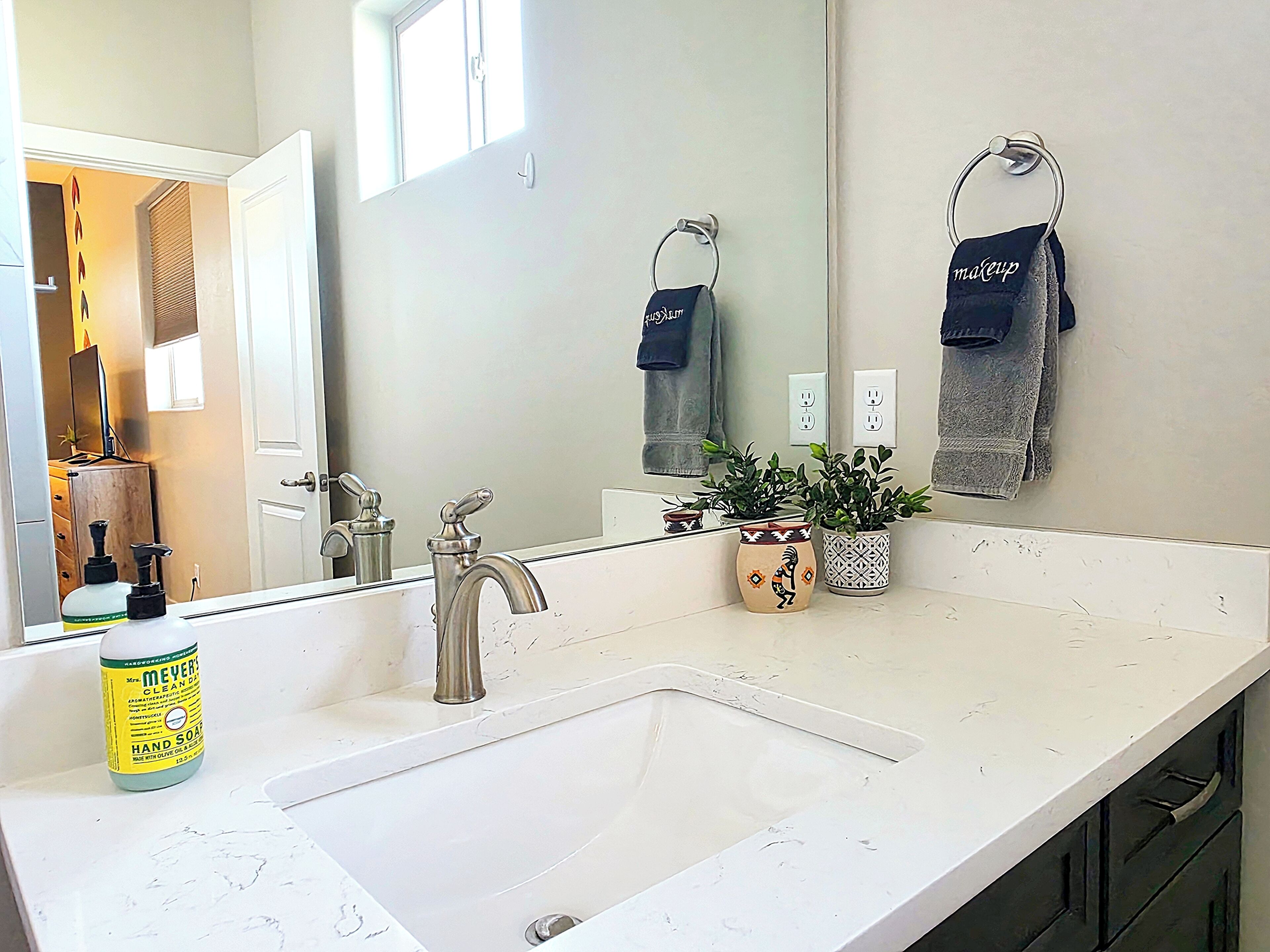 A bathroom with a white sink, two faucets, a mirror, and a potted plant.