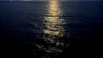 A calm sea reflecting the moonlight with a distant shoreline and city lights.