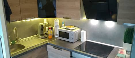 Réfrigérateur, micro-ondes, plaque de cuisson, lave-vaisselle