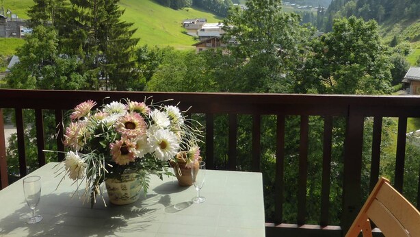 Un balcon avec une table, un vase de fleurs et une vue sur un paysage montagneux.