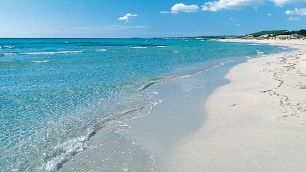 A beach with clear turquoise water, white sand, and a distant shoreline with vegetation. - Apartamento Buganvilla - Increíbles vistas al mar (San Jaime Mediterráneo)