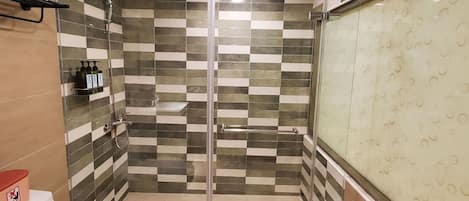Une salle de bain avec douche, toilettes et une paroi de séparation en verre.