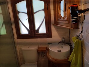 Chuveiro, secador de cabelo, toalhas de banho, papel higiênico