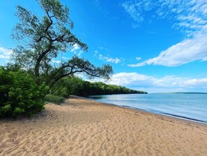 A sandy beach with a large tree and dense greenery. - Bayfield Fruit Loop Retreat - Main Cottage (Bayfield)