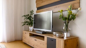 Ein modernes Wohnzimmer mit einem Flachbildfernseher auf einer Holzkonsole, einer Topfpflanze und einer dekorativen Vase mit Grünpflanzen.