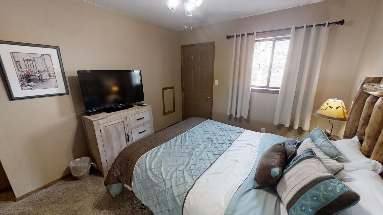 A bedroom with a bed, a television on a dresser, a window with curtains, and a framed picture on the wall.