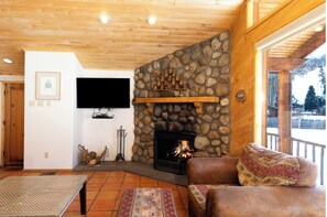 Televisión, chimenea y reproductor de DVD 