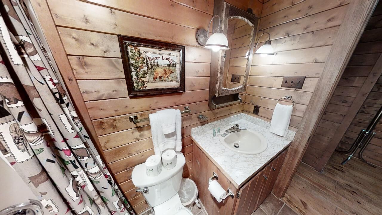 A wooden-paneled bathroom with a framed picture, a sink, and two toilets.