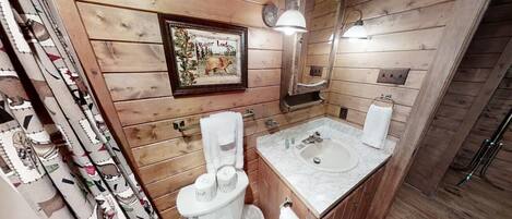 A wooden-paneled bathroom with a framed picture, a sink, and two toilets.