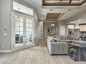 Smart TV, fireplace, offices, printers