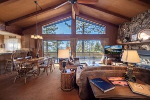 Smart TV, lareira, livros, aparelho de som